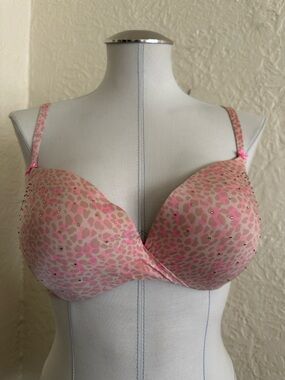 Victoria’s Secret Crystal Bling Rhinestone Tan Pink Leopard Push-Up Bra 34D